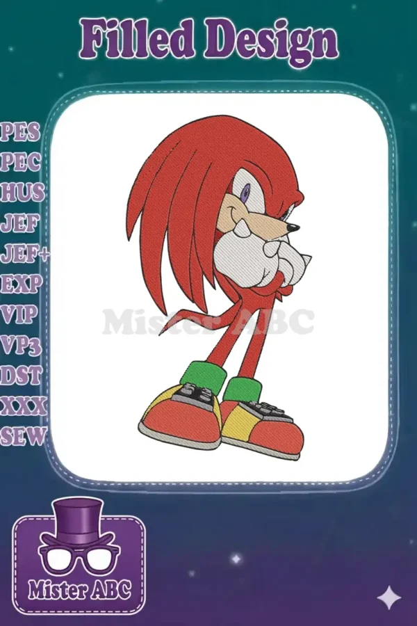 A detailed, full-color machine embroidery design of Knuckles the Echidna, standing with a confident pose.