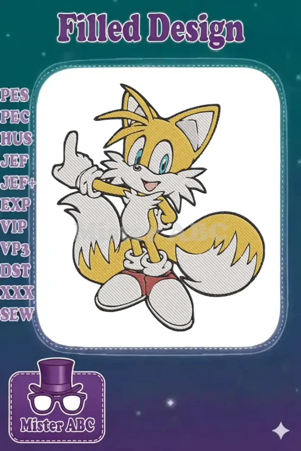Vibrant embroidery of Tails, the cheerful yellow fox from Sonic, giving a thumbs-up on a white background.