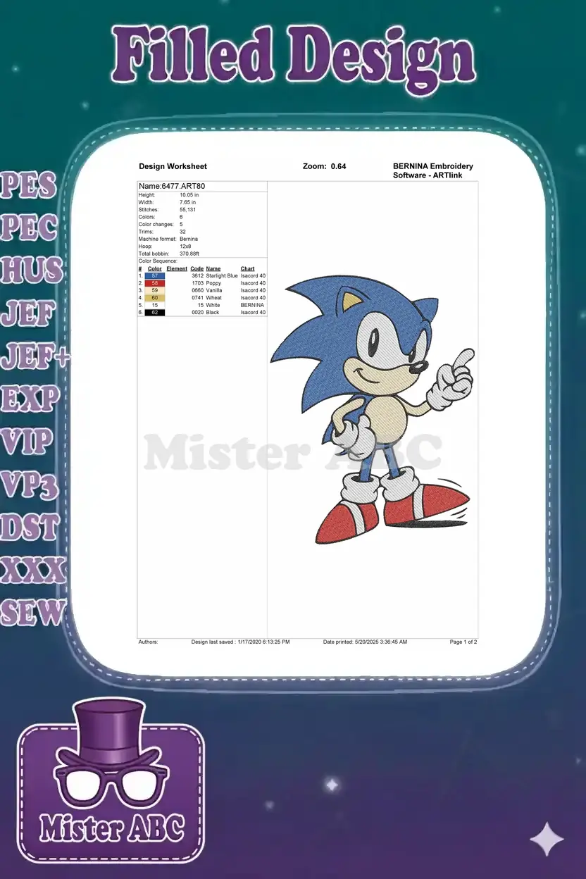 An embroidery design worksheet for Sonic the Hedgehog, detailing dimensions, stitch count, color sequence, and thread codes for the project.