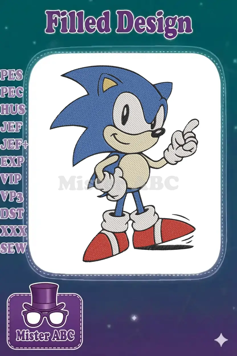 A vibrant embroidery design featuring classic Sonic the Hedgehog, standing confidently and pointing, showcasing intricate stitch detail and bold colors.