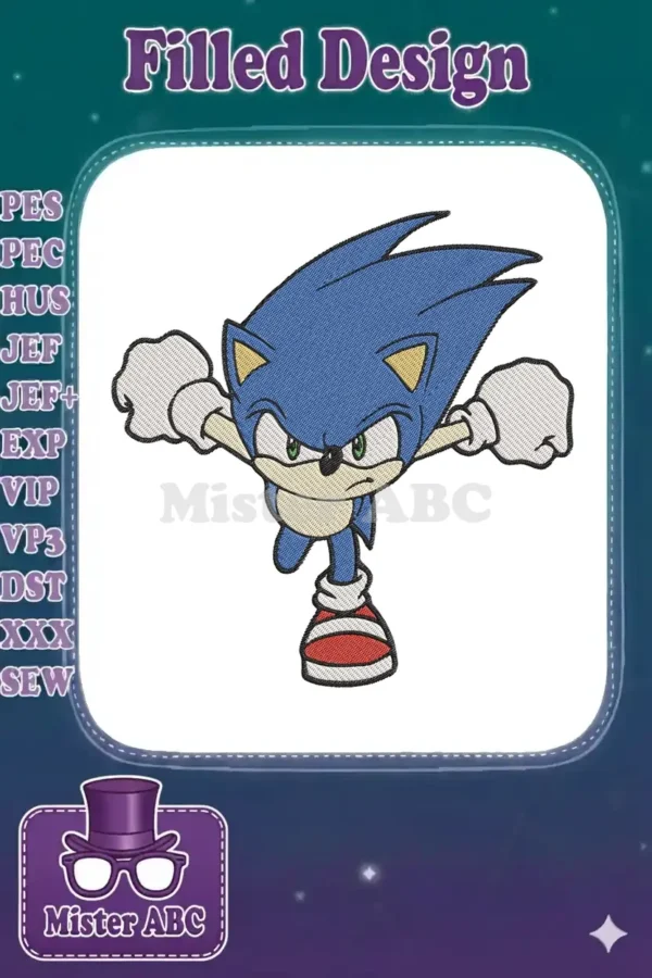 Dynamic Sonic the Hedgehog embroidery design in a running pose, featuring vibrant blue, tan, and red colors.