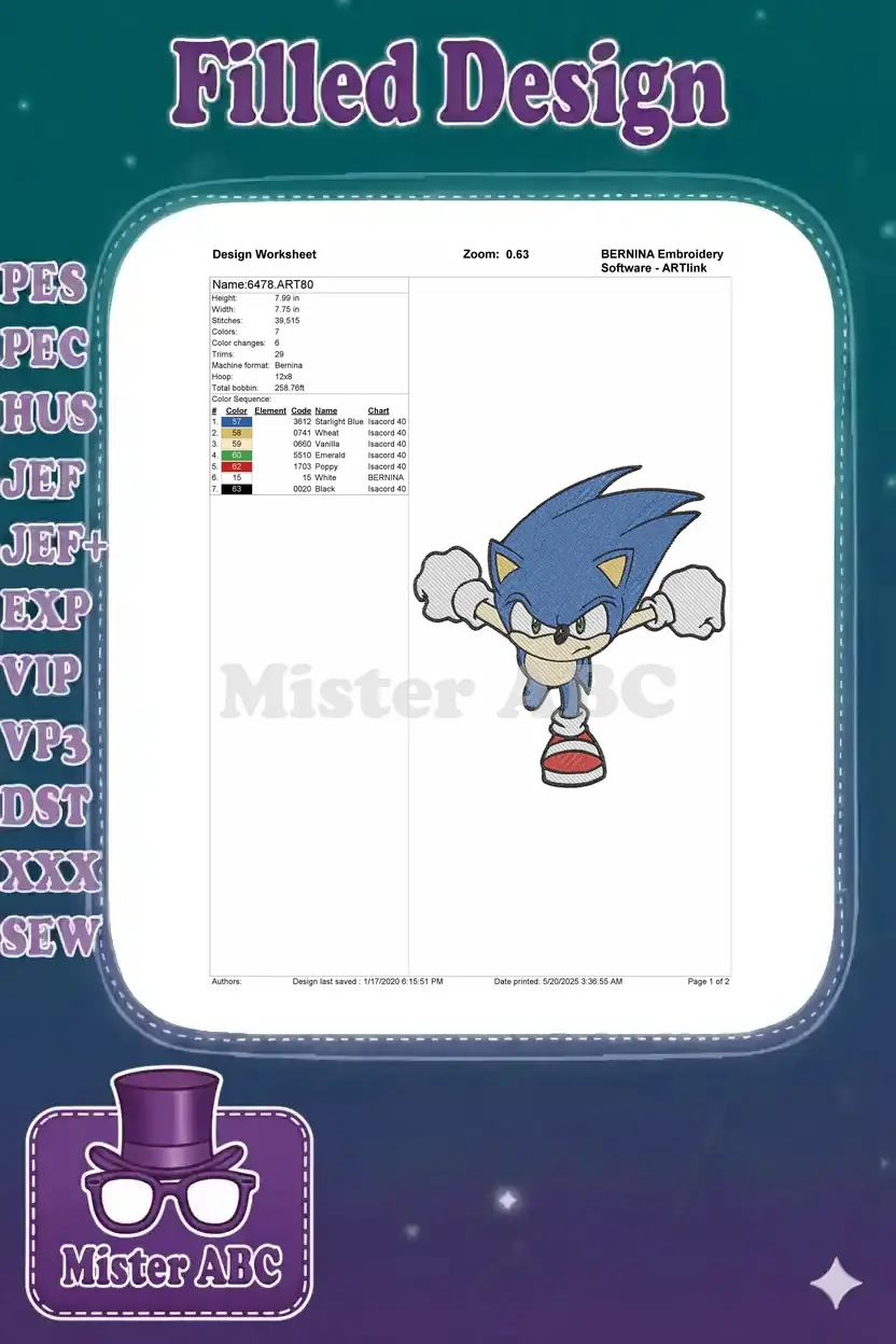 Embroidery design worksheet for Sonic, detailing dimensions, stitch count, color sequence, and machine formats.