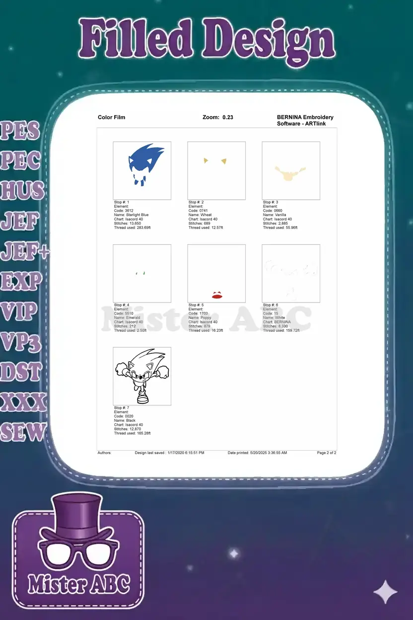 Color film breakdown of the Sonic embroidery, showing individual color layers and their stitching order.
