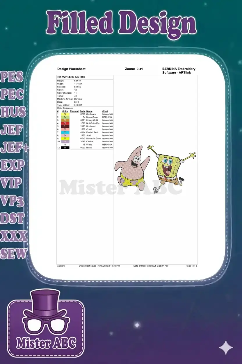 Embroidery design worksheet for Spongebob and Patrick, detailing dimensions, stitch count, colors, and format.