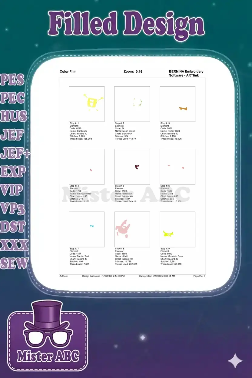 First part of the color film for the Spongebob and Patrick embroidery, showing individual color stop details.
