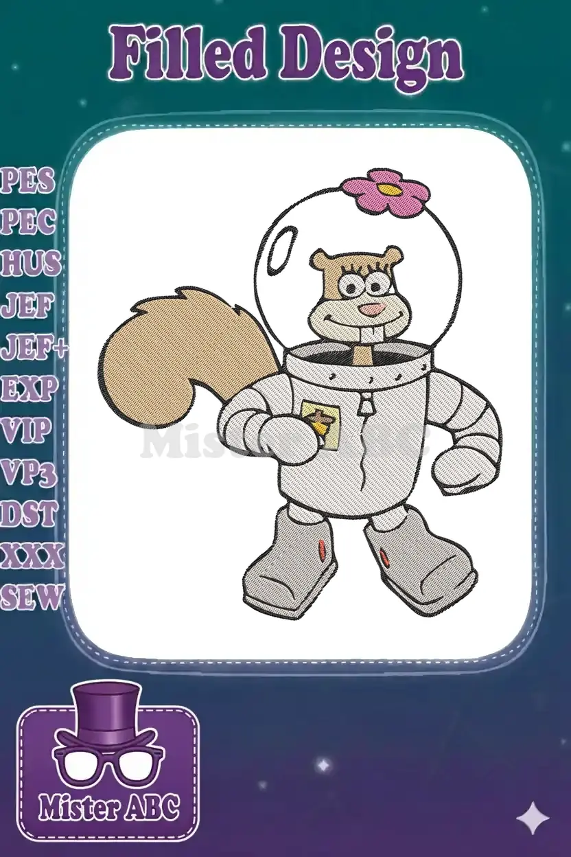Vibrant embroidery design of Sandy Cheeks from SpongeBob SquarePants, wearing her signature space suit and helmet.