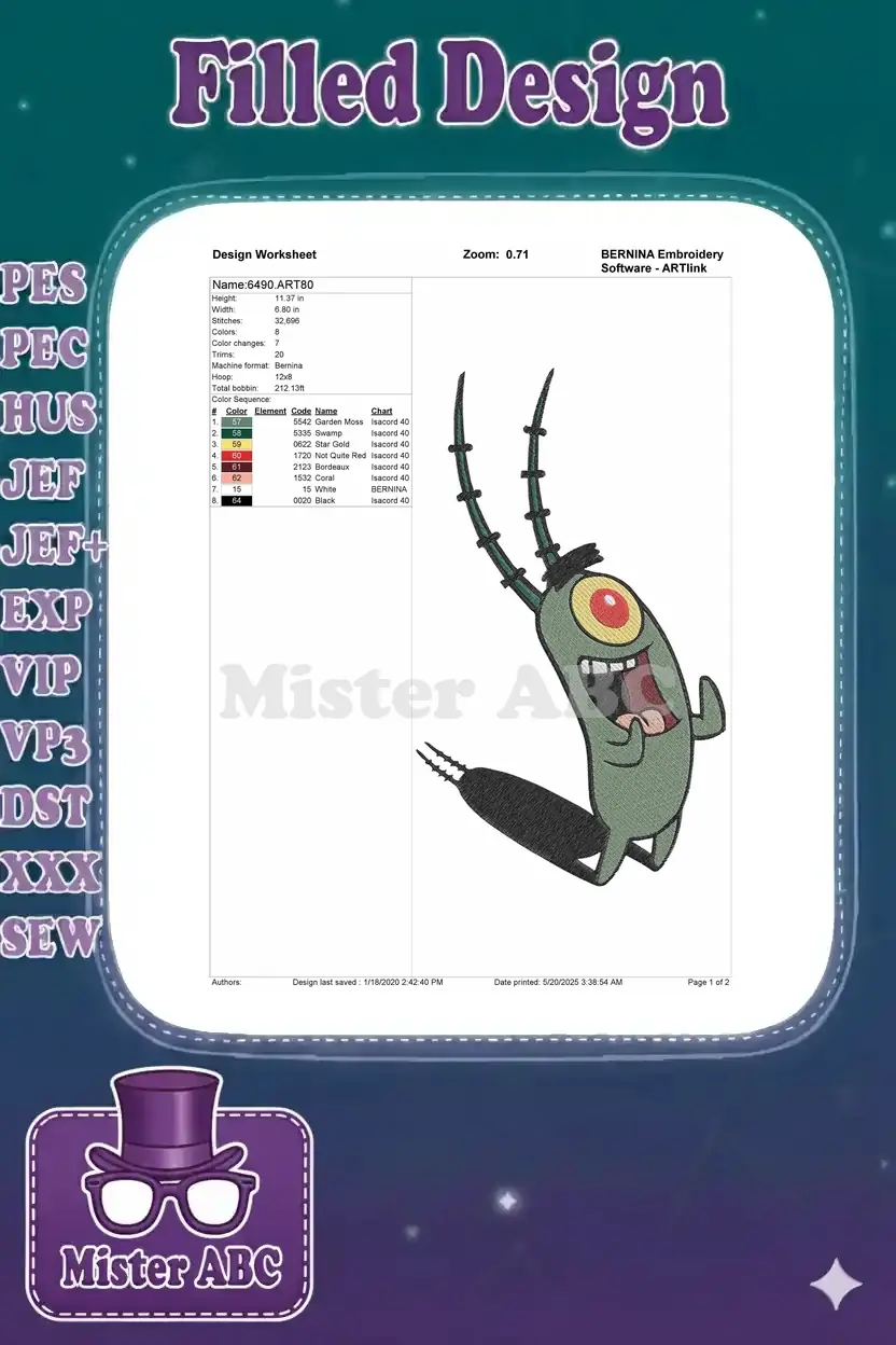 A detailed embroidery design worksheet for Plankton, displaying dimensions, stitch count, color sequence, and thread chart.