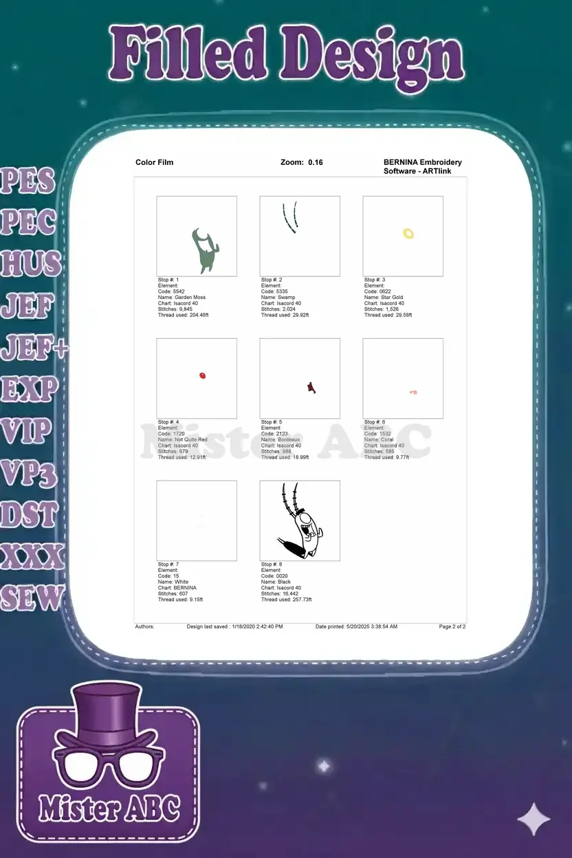 A color film breakdown of the Plankton embroidery design, showing each individual color element and its stitch count.