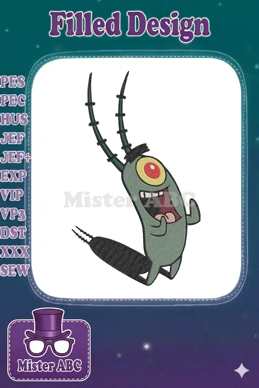 A vibrant, detailed embroidery of Plankton from Spongebob Squarepants, captured mid-action with a mischievous grin.