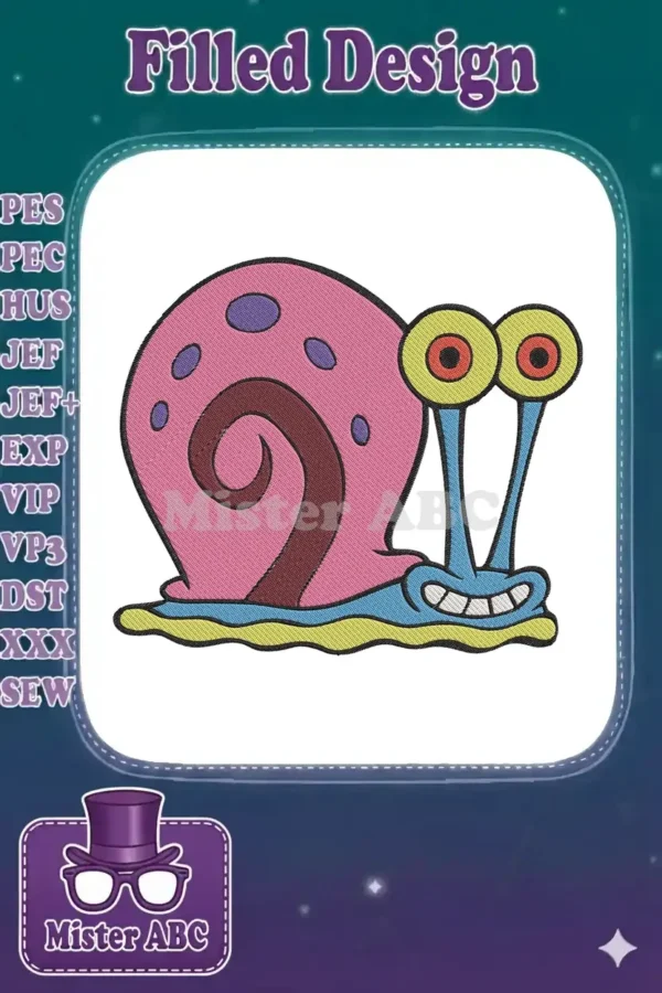 Vibrant embroidery design of Gary the Snail from Spongebob Squarepants, featuring pink shell and blue body.