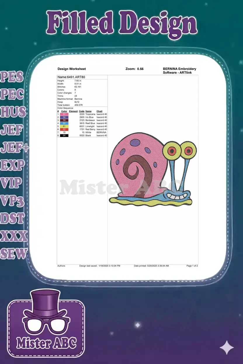 Embroidery design worksheet for Gary the Snail, detailing stitch count, colors, dimensions, and thread codes.