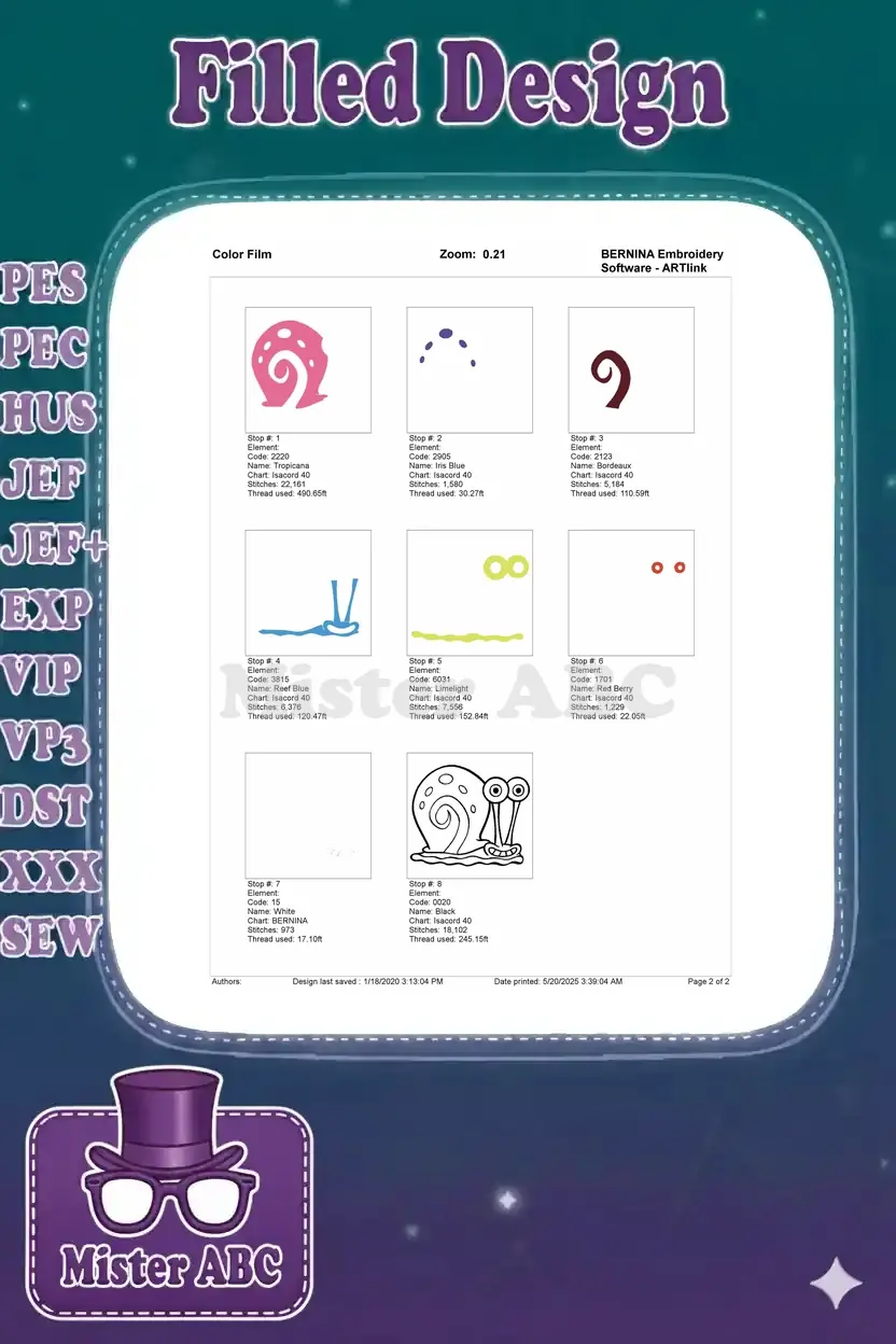 Color film breakdown for Gary the Snail embroidery, showing the sequential stitching of each color element.