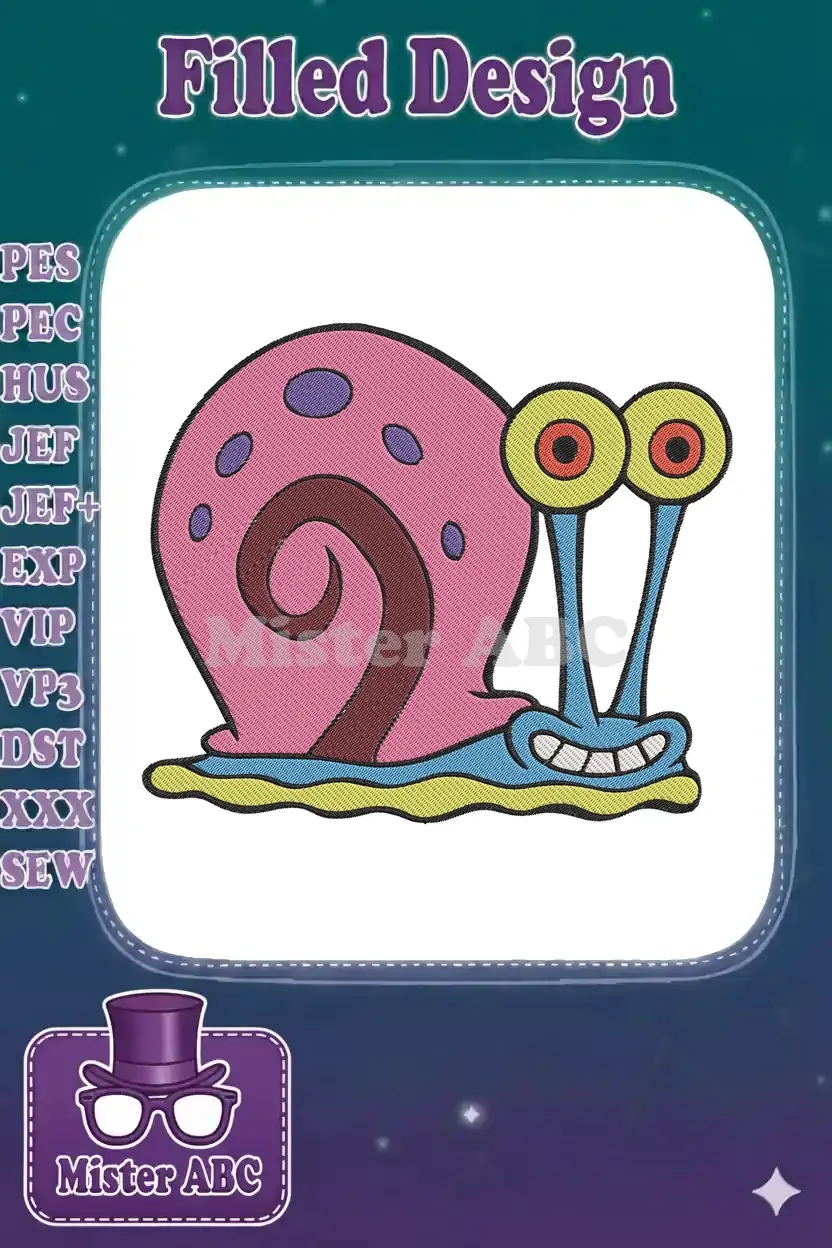 Vibrant embroidery design of Gary the Snail from Spongebob Squarepants, featuring pink shell and blue body.