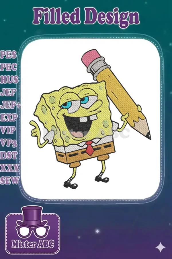 Spongebob Squarepants embroidery design, cheerfully holding a yellow pencil, vibrant colors, detailed stitching.