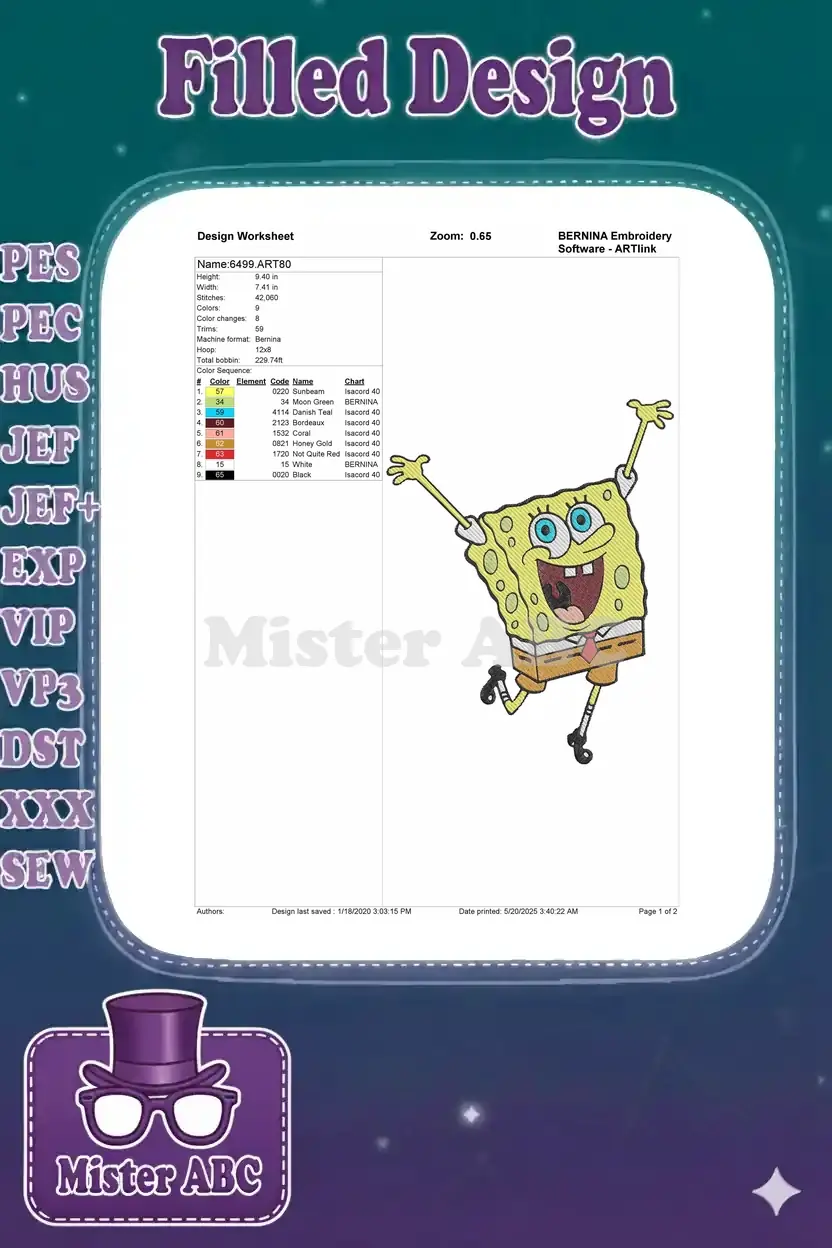 A detailed embroidery design worksheet for SpongeBob, showing dimensions, stitch count, colors, and machine compatibility.