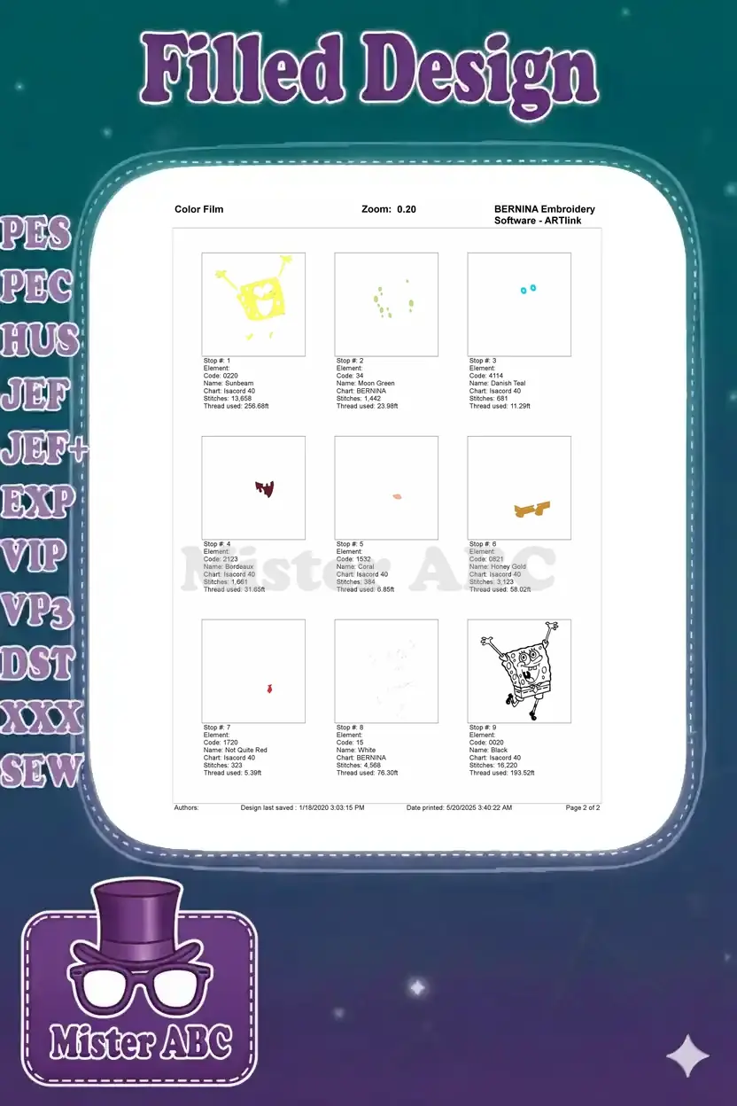A color film breakdown showing the nine individual stitch layers and color stops for the SpongeBob embroidery design.