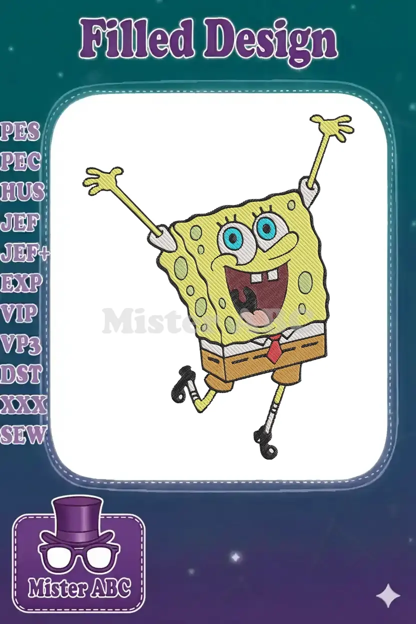 A vibrant embroidery design of SpongeBob SquarePants jumping with joy, arms and legs wide open, on a white background.