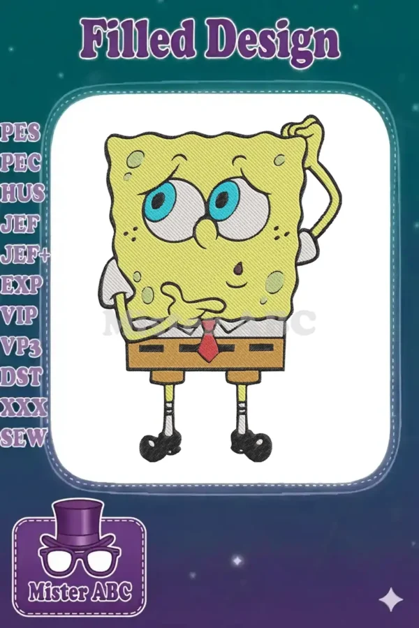Detailed embroidery design of Spongebob Squarepants in a pensive pose, featuring vibrant colors and intricate stitching.