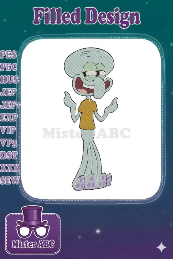 A detailed machine embroidery design of Squidward Tentacles from SpongeBob SquarePants, featuring his signature expression.