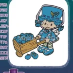 Cute cartoon blueberry girl with cart full of fruit embroidery designs - Instant Download