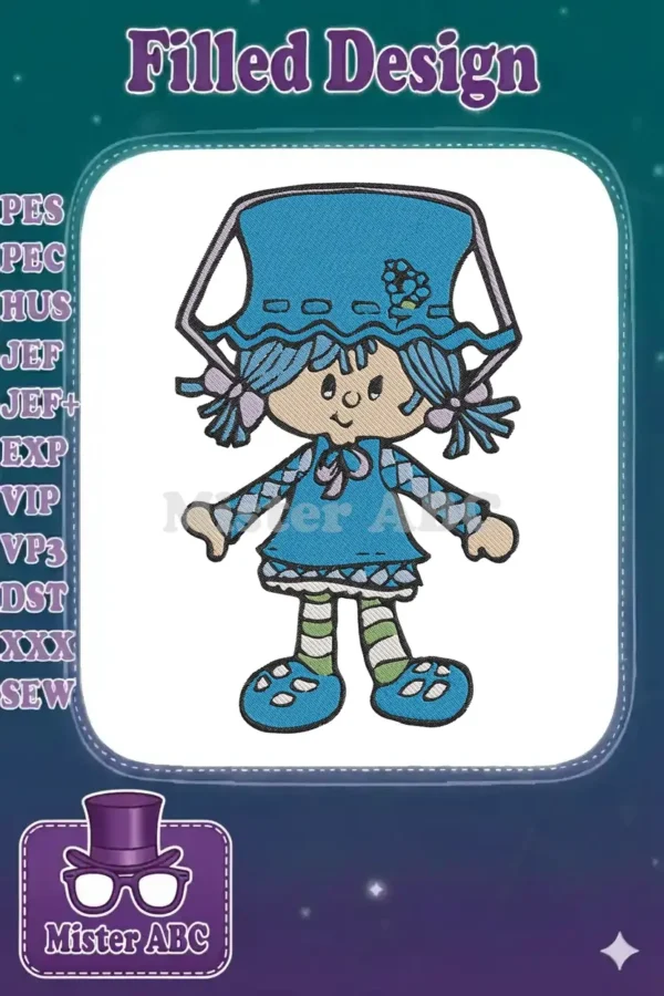 Full view of a charming embroidered girl design in blue, featuring a large hat, braids, and patterned details.