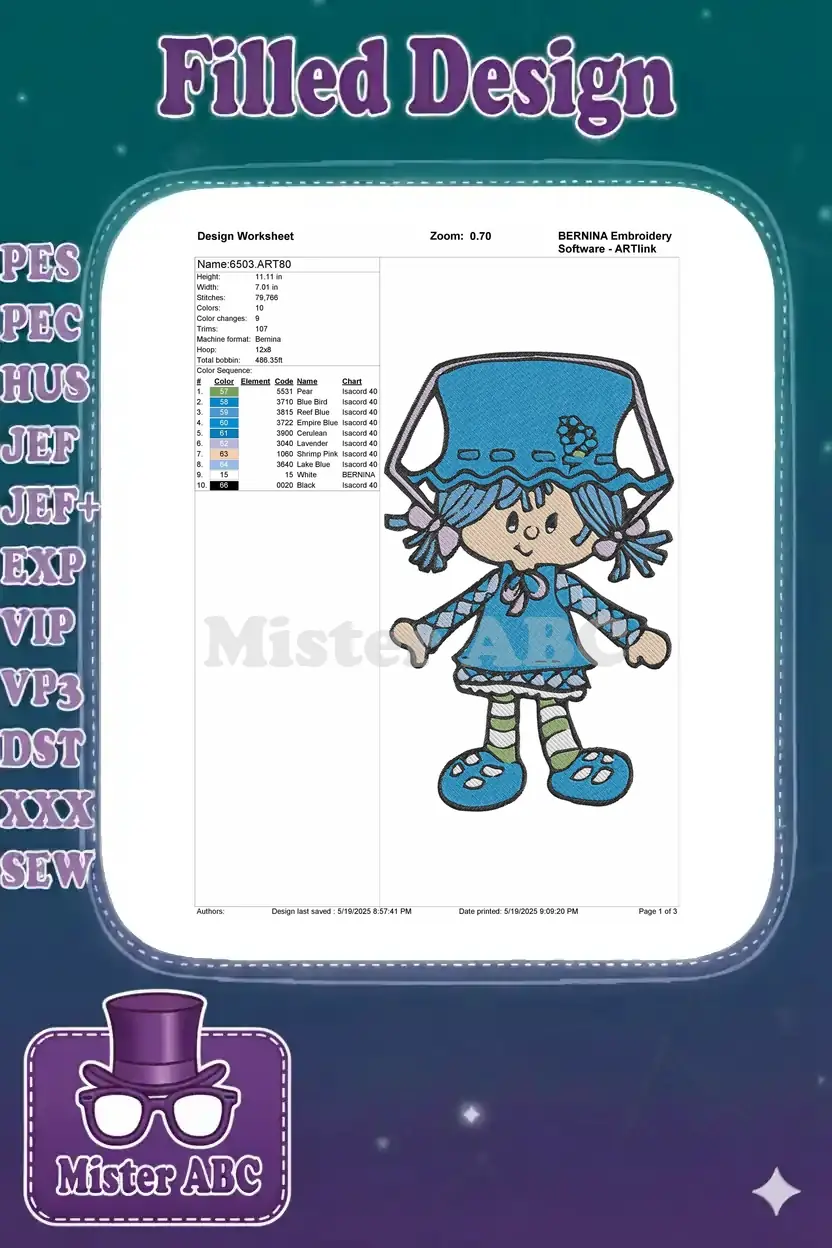 Embroidery design worksheet detailing stitch count, dimensions, color sequence, and thread types for the blue girl.