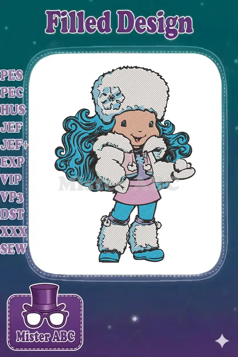 Full-body embroidery design of Frosty Puff, a charming character with blue hair, a fur hat, and winter clothes.