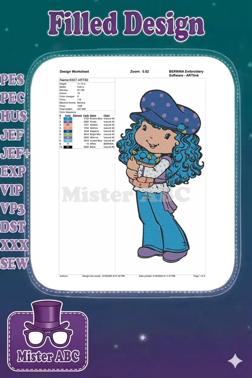 Embroidery design worksheet for Blueberry Muffin, detailing dimensions, stitch count, color sequence, and thread types.