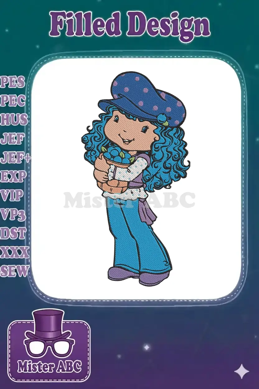 Vibrant embroidery of Blueberry Muffin, a classic character, holding a basket of fresh blueberries with a cheerful smile.