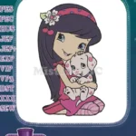 Adorable cartoon girl holding cute spotted puppy embroidery designs - Instant Download