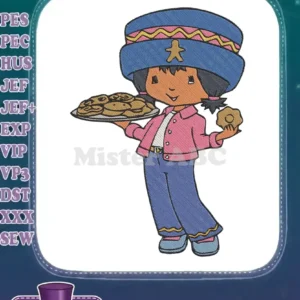 A vibrant embroidery design of a cheerful girl in a blue hat and pink jacket, holding a plate of cookies.