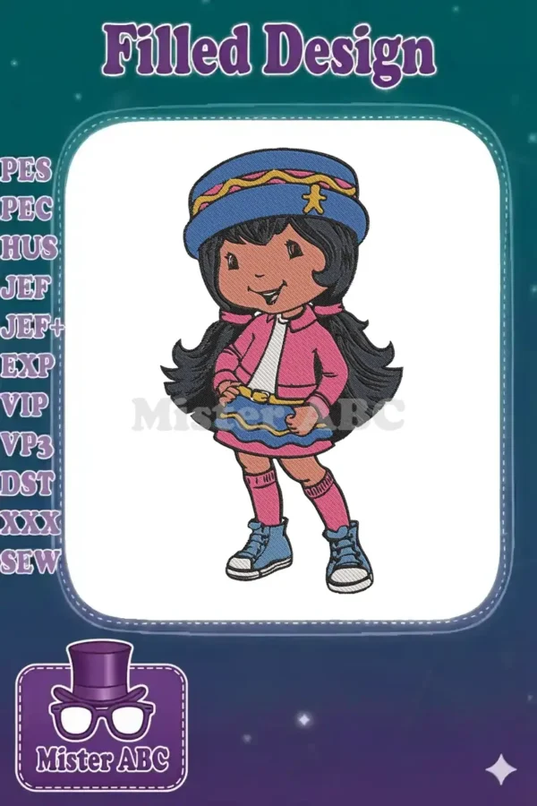A colorful embroidery design of Huckleberry Pie, a cheerful boy character from Strawberry Shortcake, wearing a blue hat and pink jacket.
