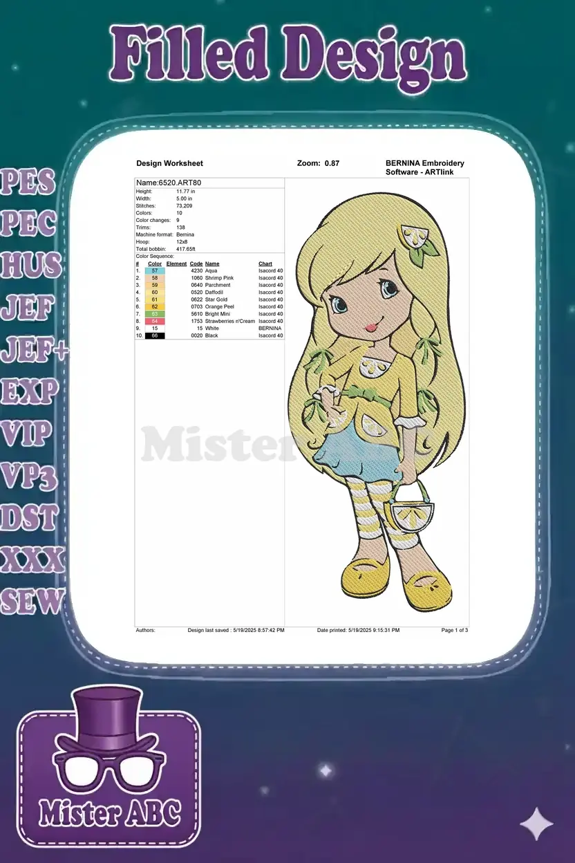 Embroidery design worksheet for Lemon Meringue, detailing stitch count, dimensions, color sequence, and thread types.