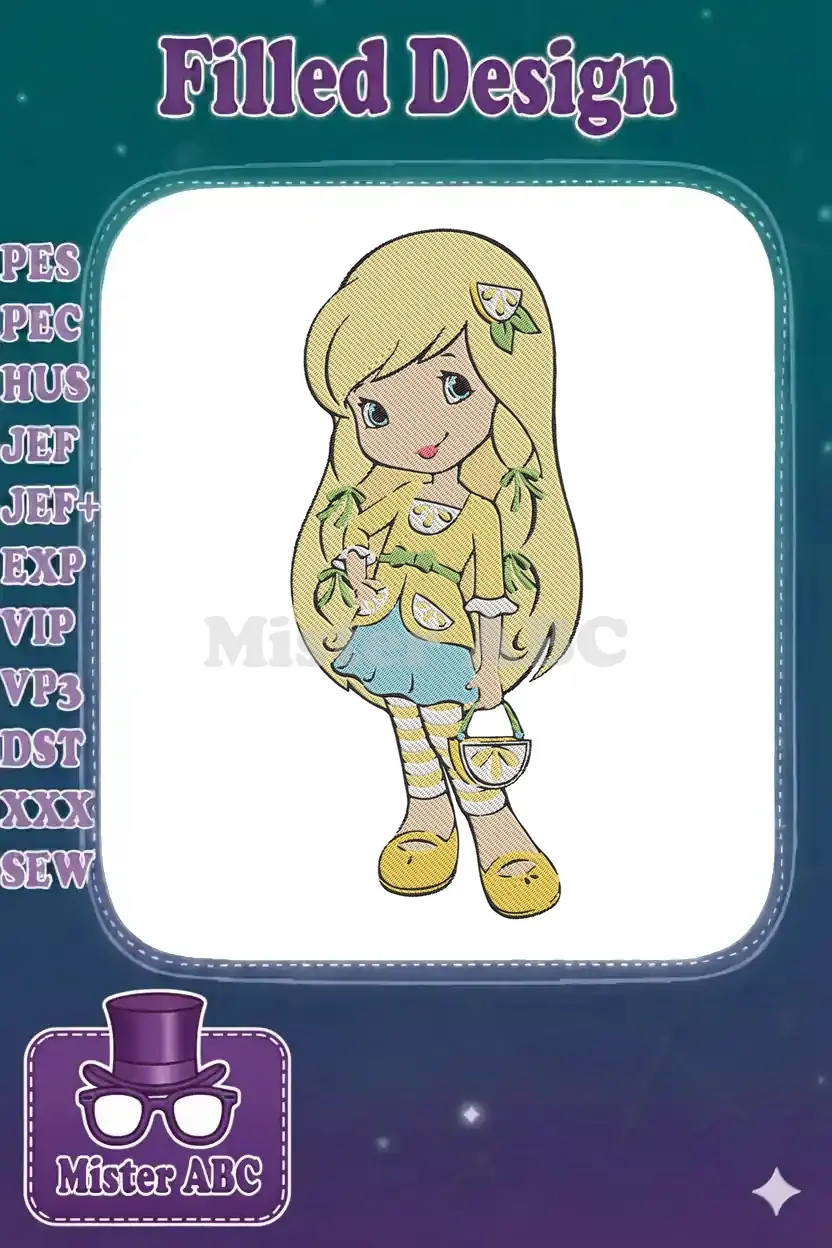 Close-up of a detailed Lemon Meringue embroidery design, featuring blonde hair, a yellow outfit, and a lemon basket.