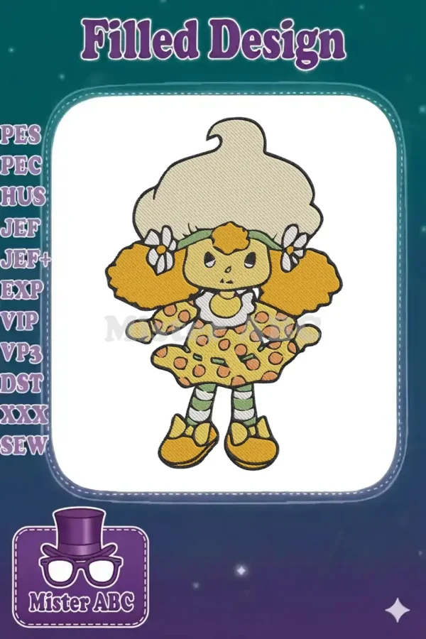 Full-view embroidery design of Apricot from Strawberry Shortcake, featuring her iconic yellow dress and hat.