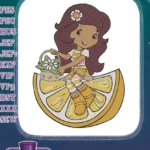 Sweet cartoon girl on lemon slice flower basket embroidery designs - Instant Download