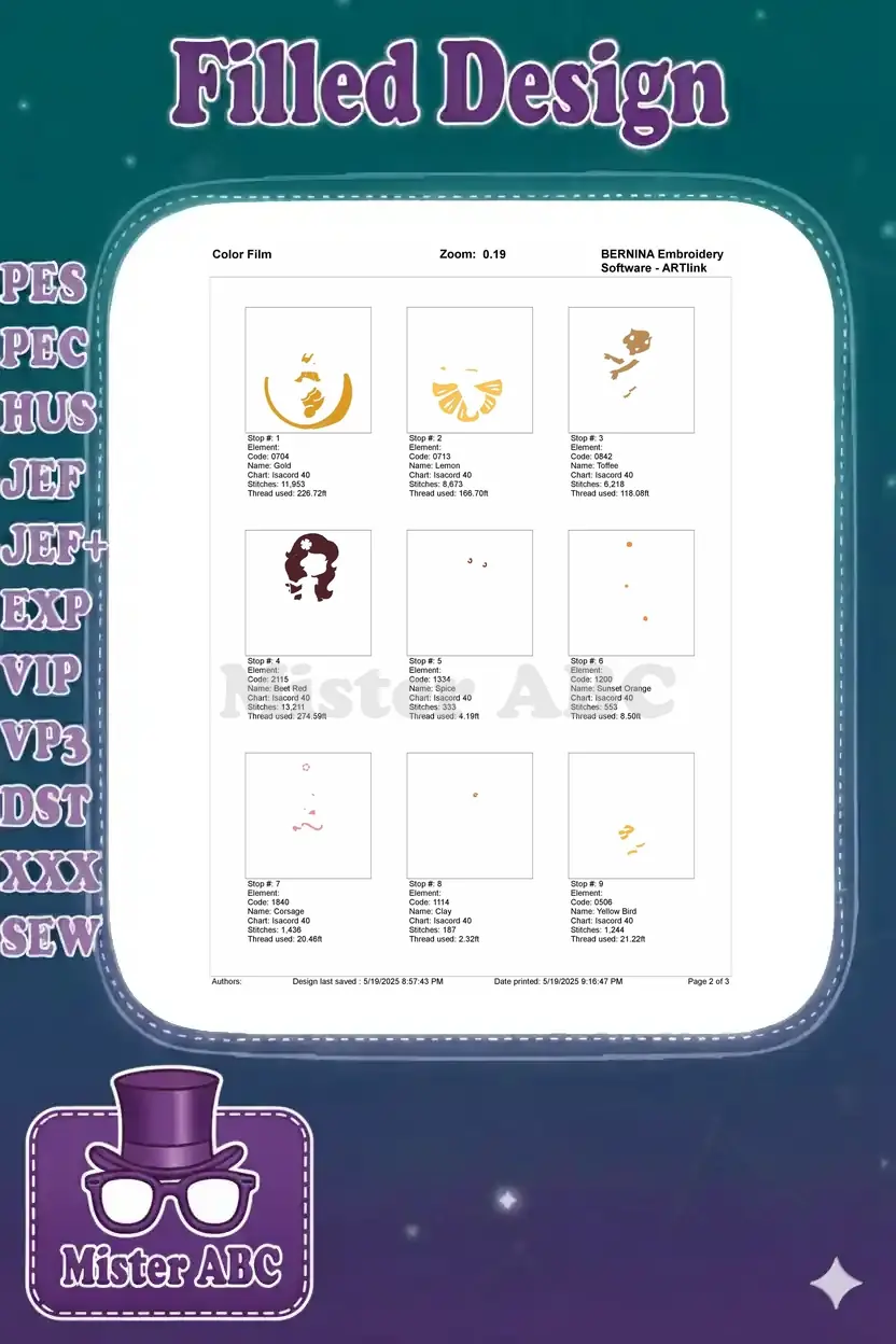 First page of the color film, showing initial embroidery stitch sequence elements and their specific thread details.