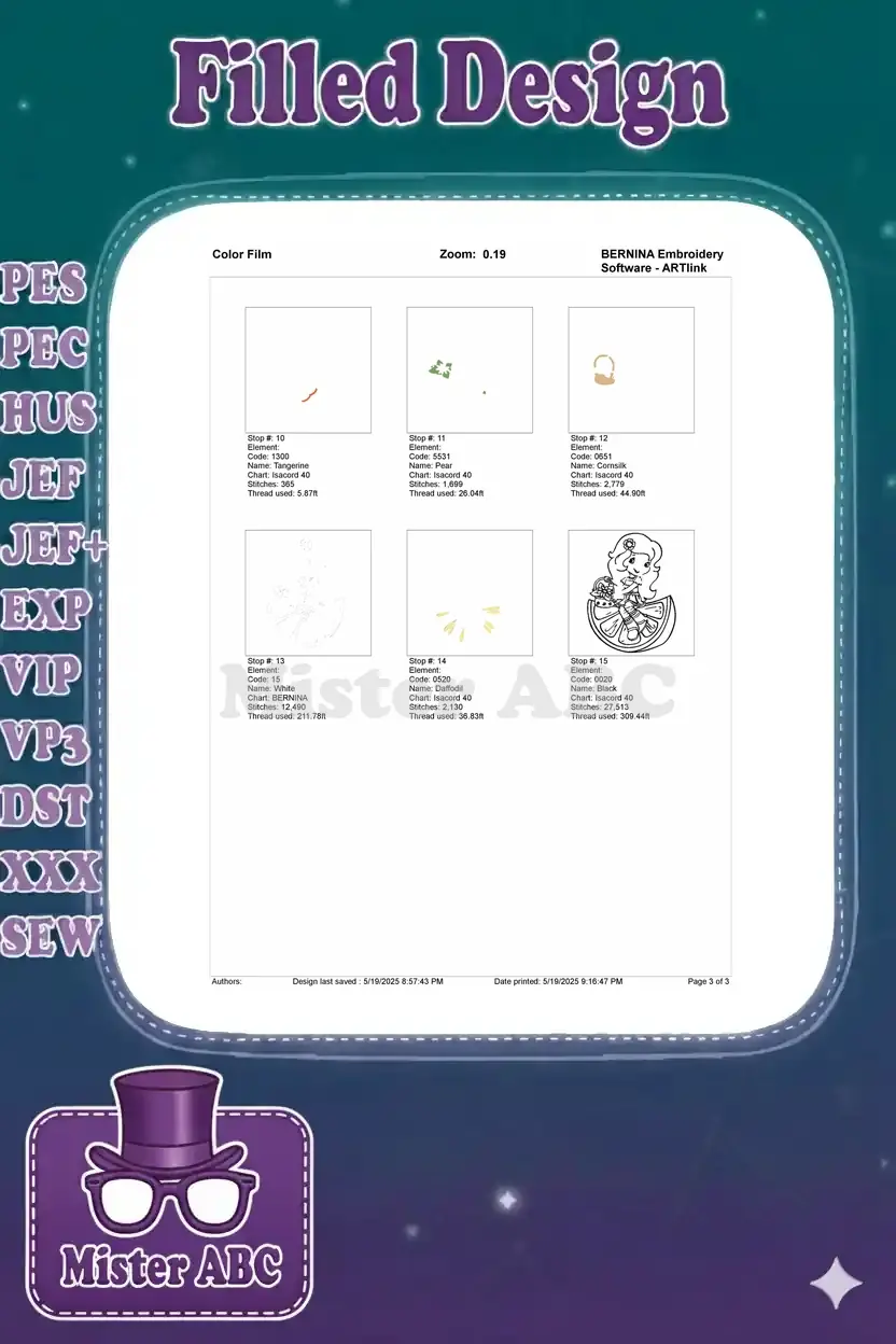Second page of the color film, completing the embroidery stitch sequence with final elements and outlines.