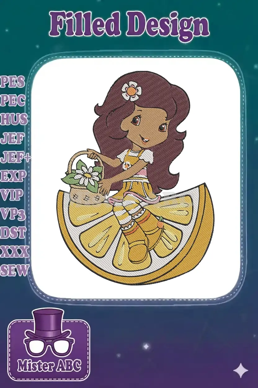 A cheerful Lemon Meringue character embroidery, sitting on a lemon slice, holding a basket with a flower.