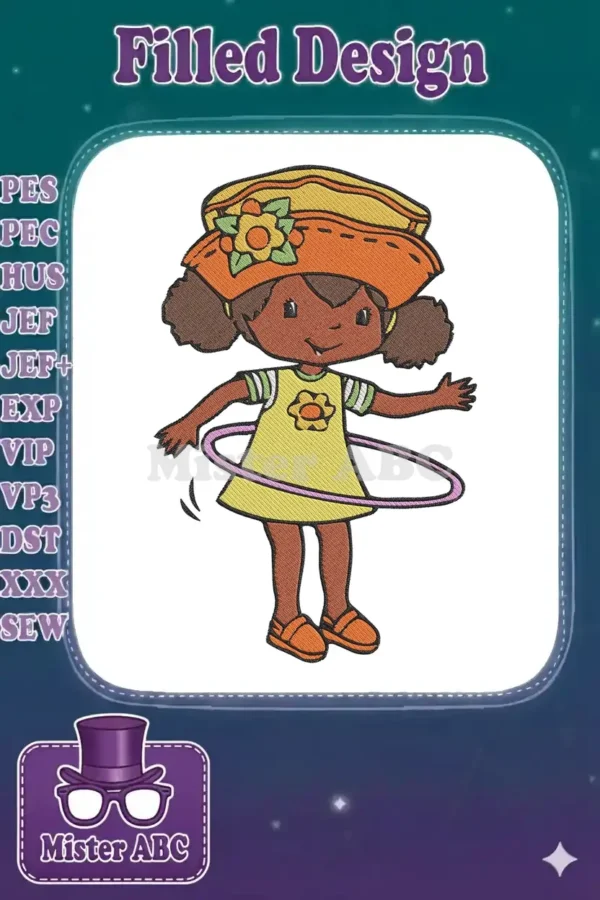 A vibrant embroidery design featuring Orange Blossom from Strawberry Shortcake, cheerfully hula hooping in a colorful dress and hat.
