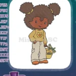 Happy African American Girl with Fruit Basket Embroidery Designs - Instant Download