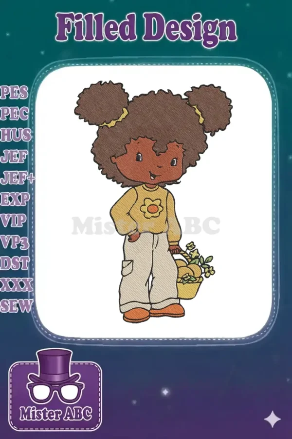 A vibrant embroidery design of Orange Blossom, a cheerful girl with pigtails, holding a basket of ripe oranges.