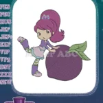 Cute purple haired girl with plum fruit embroidery designs - Instant Download