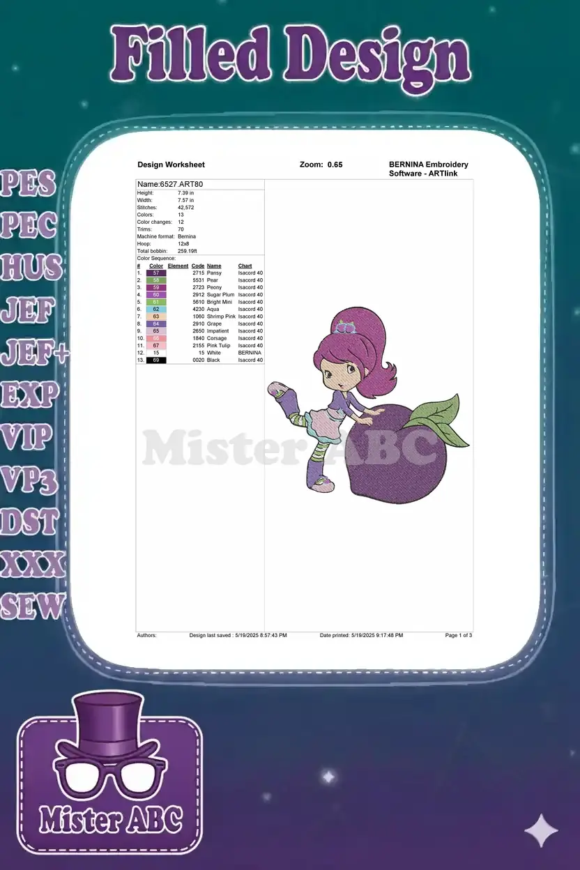 Embroidery design worksheet for Plum Puddin', detailing dimensions, stitch count, color changes, and thread chart.