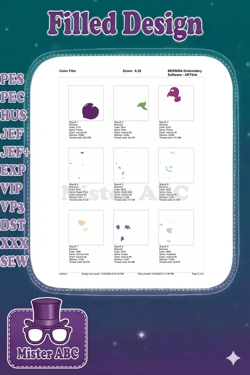First page of the embroidery color film, showing individual stitch-out steps for the Plum Puddin' design elements.