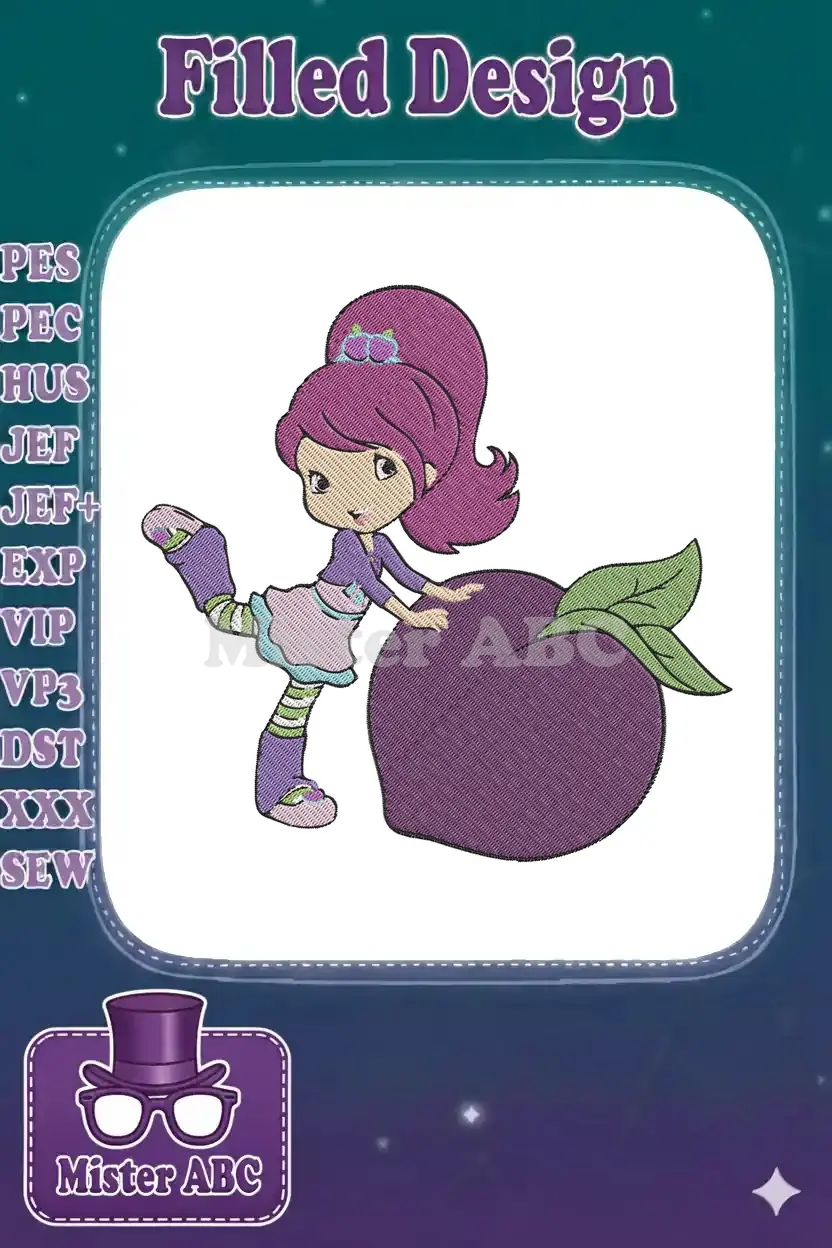 Plum Puddin' embroidery design, featuring a cheerful character with purple hair leaning on a large, ripe plum.