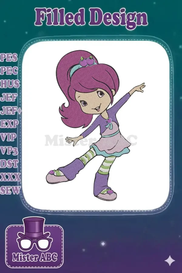 Vibrant Plum Pudding embroidery design in a playful pose, featuring purple hair, a light dress, and striped socks.