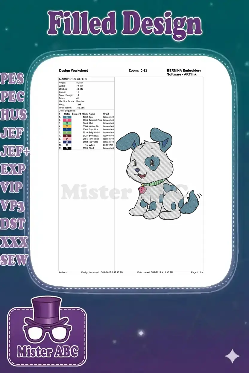 An embroidery design worksheet detailing stitch count, color sequence, thread codes, and design dimensions.