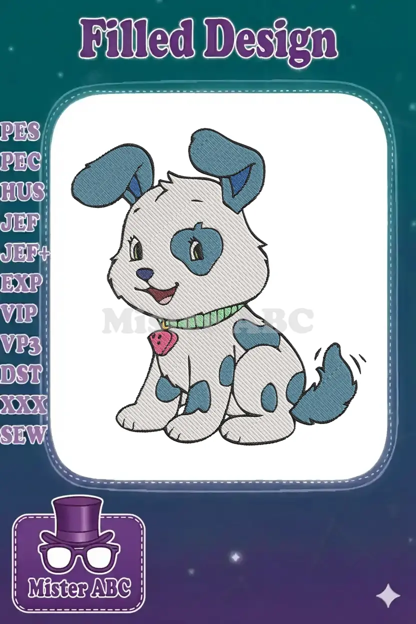 A charming embroidered cartoon puppy with blue spots, floppy ears, and a green collar, sitting happily.