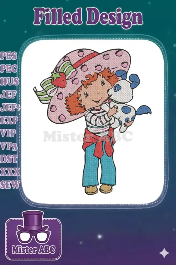 Strawberry Shortcake embroidery design, featuring her iconic hat, striped shirt, and holding her loyal dog, Custard.